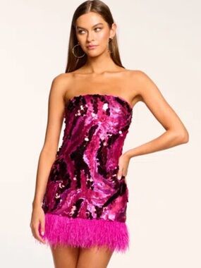 Ramy Brook Elsie Strapless Hot Pink Sequin Mini Dress with Feather Hem